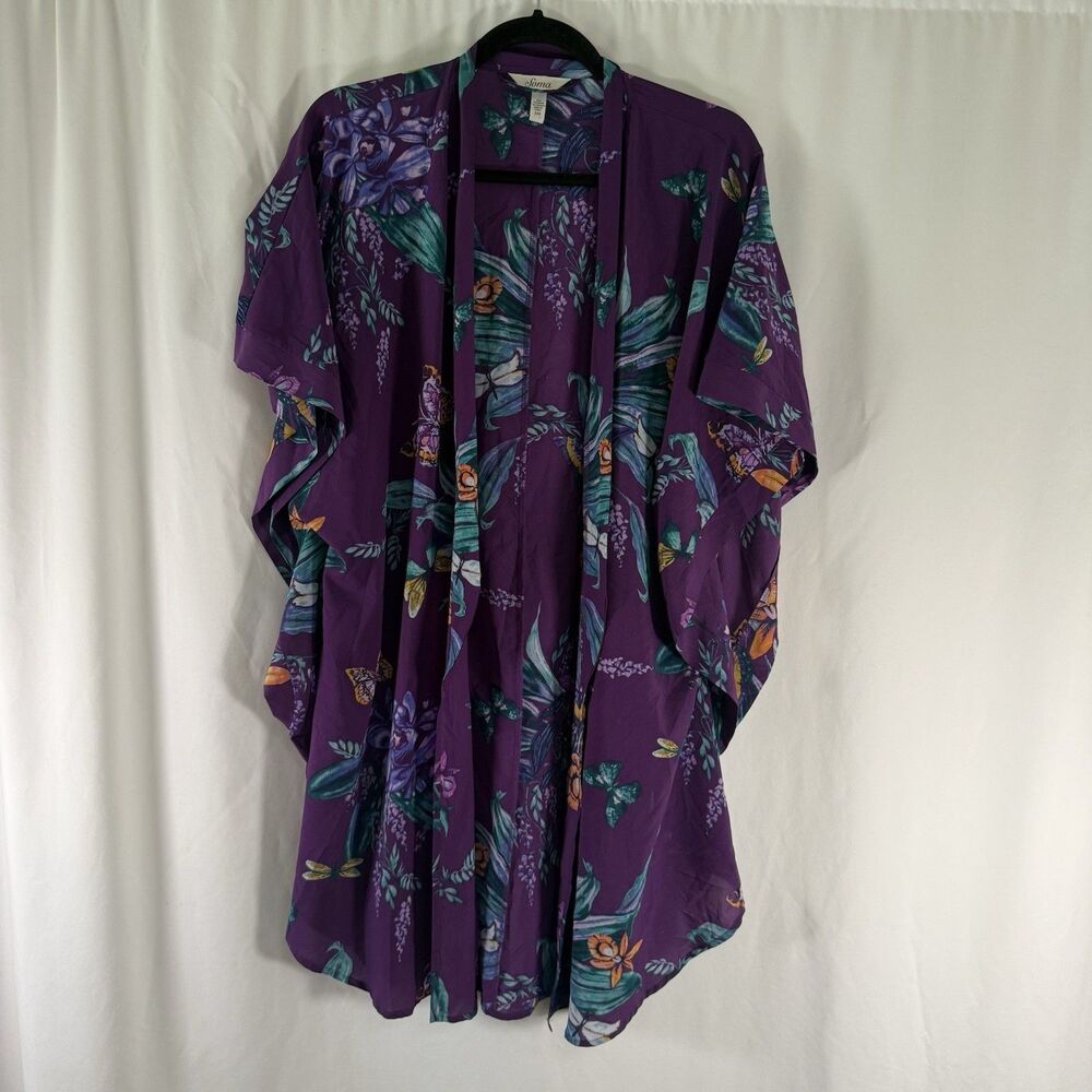 Soma Sleep Cardigan Womens S/M Purple Floral Open Front Lightweight Short Sleeve